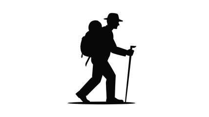 Silhouette of a hiker with backpack and walking stick traveling
