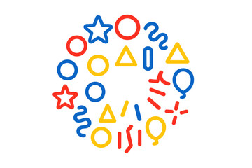 Colorful abstract shapes and party elements arranged in a circular pattern