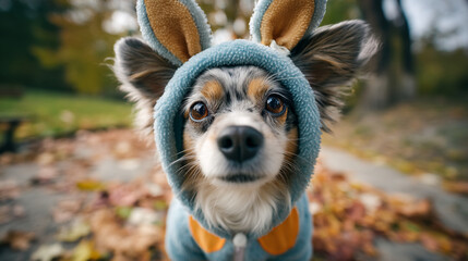 Fototapeta premium Close up of a chihuahua wearing a bunny costume with a blurred background