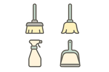 Collection of household cleaning tools: broom, mop, spray bottle, dustpan