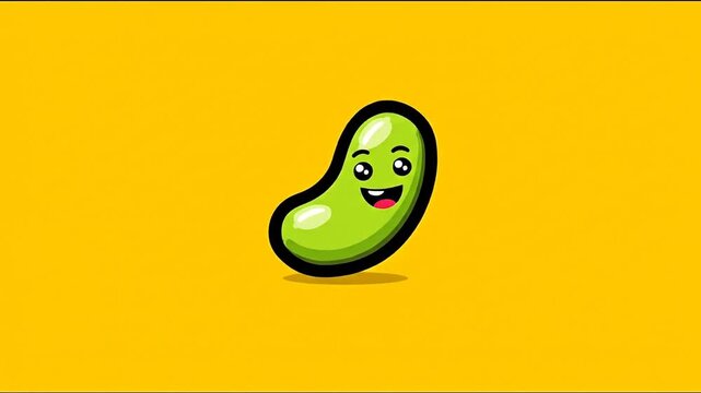 Cartoon green bean character smiling on yellow background