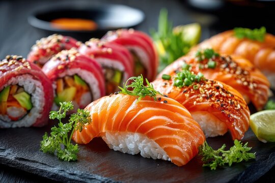 Assortment of colorful sushi rolls and nigiri