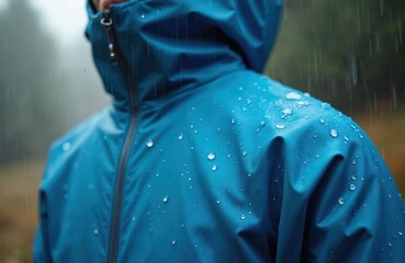 Blue waterproof jacket with raindrops on fabric. Person wears hooded coat for rainy weather protection outdoors. Close up on wet outdoor gear.