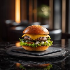 Delectable Cheeseburger Delight: An expertly crafted cheeseburger, with a golden bun and melted cheese, sits on a elegant plate, showcasing culinary excellence.