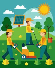 A landscaping crew using solarpowered lawn mowers to maintain the sites green spaces.. Vector illustration