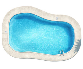 A topdown view of a kidneyshaped swimming pool filled with clear blue water, featuring a concrete deck and ladder, isolated on transparent background