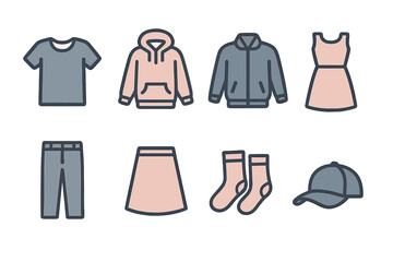 Collection of everyday casual apparel items including shirts, pants, dresses, and accessories