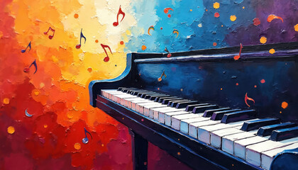 Abstract piano art with floating musical notes, vibrant colors. Lively composition suggests music harmony melody, rhythm. Bold expressionist style conveys energetic creative musicality. Textured