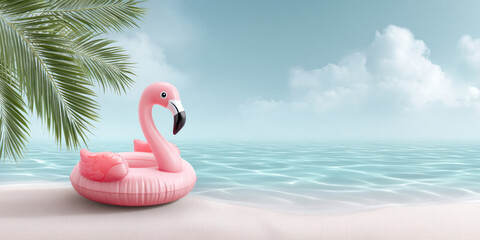Obraz premium Summer pink inflatable flamingo on calm tropical beach with palm frond soft sand and peaceful ocean breeze evokes relaxed vacation mood