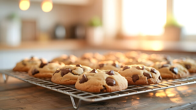 Delicious chocolate chip cookies cooling on a wire rack in a bright kitchen with sunlight streaming through