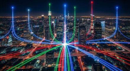 Data Streams Over Modern Metropolis At Night With Illuminated Trails