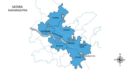 Fototapeta premium Detailed vector map of Satara district, Maharashtra, showcasing regions and river flow
