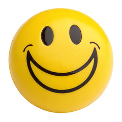 A bright yellow smiley face stress ball isolated on transparent background