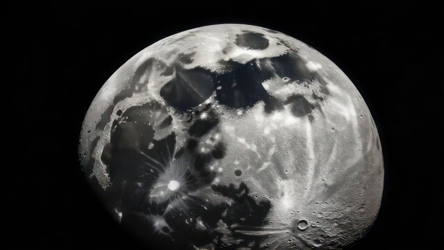 Detailed view of Jupiters moon Ganymede showing its icy surface and dark regions.