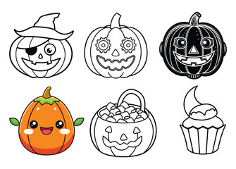Scary and spooky Halloween pumpkin set illustration with orange jack-o'-lantern faces for autumn holiday decoration