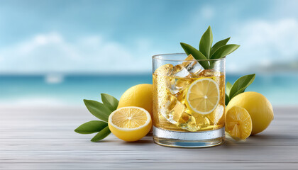 Fototapeta premium Summer lemon iced drink on wooden table with citrus fruit slice and green leaf garnish evokes bright refreshing beach mood