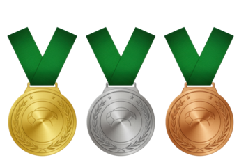 Isolated Trio of Award Medals for Sporting Achievement with Ribbons, Gold, Silver, Bronze
