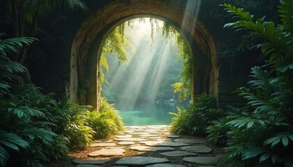 Obraz premium Stone archway leads to tranquil blue lake, sunbeams pierce dense jungle foliage. Path of flat stones winds through rich green plants and trees. Peaceful, mystical forest scene.