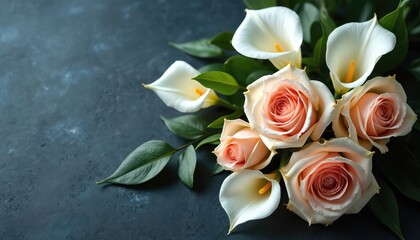 Obraz premium Elegant flowers bouquet of roses and calla lilies lies on dark blue backdrop. Floral gift for wedding anniversary. Festive romantic fresh blooms background. Sympathy template with rose and lily.