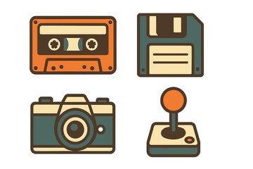 Retro technology icons set with cassette, floppy disk, camera, and joystick