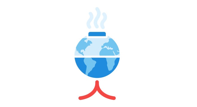 Global warming concept with a globe appearing as a heated cooking pot emitting steam on a white