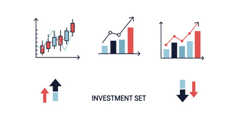 Obraz premium Three distinct charts illustrate financial trends, with bar graphs and line graphs showing growth and decline, complemented by directional arrows.
