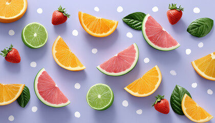 Summer colorful fruit slices arranged on pastel background with grapefruit orange lime and strawberry creating fresh vibrant mood