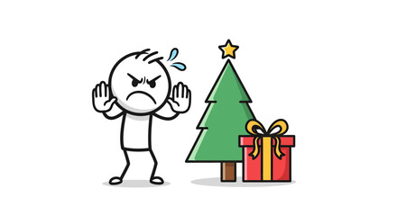 Naklejka premium A stick figure with a grumpy expression trying to avoid celebrating Christmas season