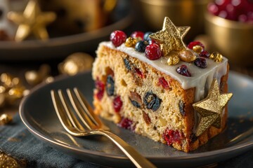 Christmas Cake Stollen. Traditional Winter dessert piece. Delicious Festive Fruit Cake Decorated with Golden Star and Fresh Berries. Topped with frosting, perfect for celebration. Traditional pastry.