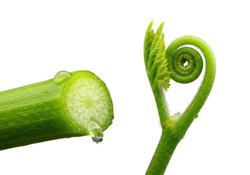 Photorealistic macro of a cut green vine stem with sap and an unfurling emerald shoot, isolated on a transparent background with subtle shadow. Concept of intricate natural beauty and renewal