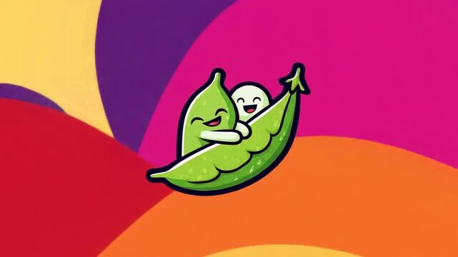 Animated cartoon of two smiling peas in a pod on a green backdrop
