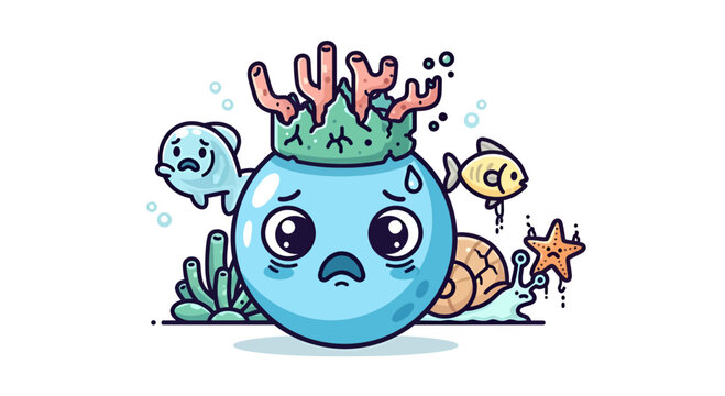 Anxious cartoon ocean scene with stressed aquatic life needing support and environmental awareness