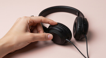 Hand holding a pair of modern wired headphones, representing personal audio technology.Concept of audio technology and personal entertainment.