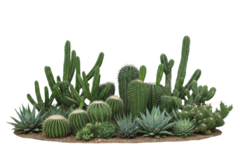 Isolated group of assorted cacti and succulents in natural desert environment. Studio shot.