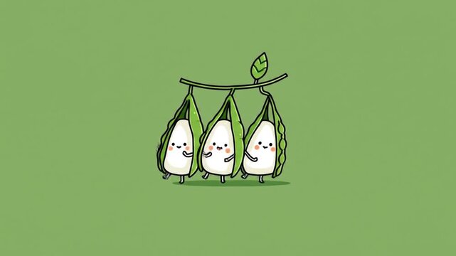 Cute stylized peas in pods smiling against a green background
