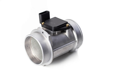 Electronic automotive mass air flow sensor on white background, isolate. Car spare part