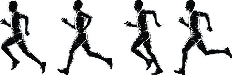 Running motion silhouette set, stride cycle illustration, athletic movement breakdown, human locomotion phases, sports training graphic, vector design, black and white
