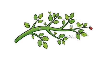 Obraz premium Cartoon branch featuring leaves small flowers a bird bee and ladybug bringing a touch of nature