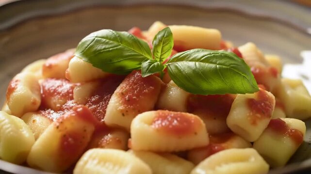 Gnocchi with tomato sauce and basil in a ceramic bowl close-up.