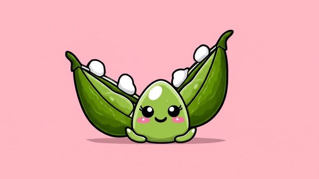 Cartoon pod of peas with smiling face on pink background