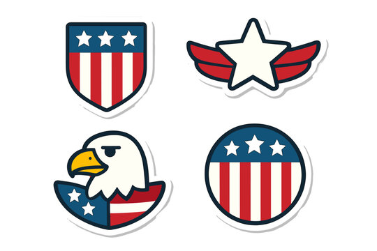 USA patriotic badge set. American national symbols collection. Flat vector cartoon illustration with eagle, shield, and star with wings. Military emblem and sticker pack.