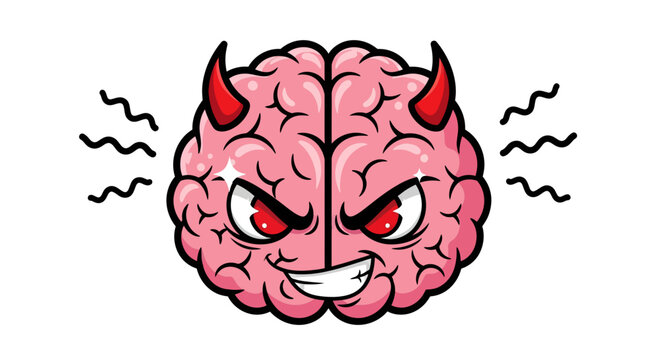 Cartoonish depiction of a menacing brain with devil horns symbolizing evil thoughts