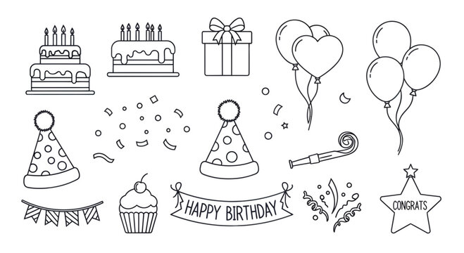Celebratory birthday elements illustration featuring balloons cake confetti and celebratory icons