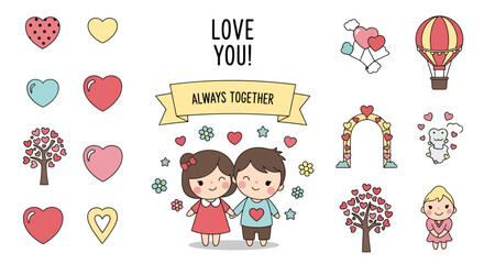 Charming cartoon couple holding hands amidst whimsical Valentine's themed illustrations