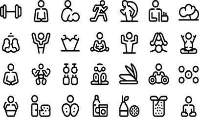 Fitness and wellness icon set, black-and-white exercise, yoga, nutrition, and health illustrations for apps, merch, branding, education, kits