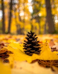 Autumn cone nestled in leaves