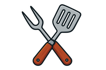 Crossed Grill Fork and Spatula Icon with Wooden Handles, Flat Style BBQ Cooking Tools Illustration, Vector Cartoon Kitchen Utensils for Barbecue and Outdoor Cooking