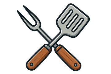 BBQ grilling tools crossed fork and spatula icon. Flat style vector cartoon illustration with wooden handles. Barbecue utensil set for grilling, cooking, outdoor kitchen, and summer BBQ party design