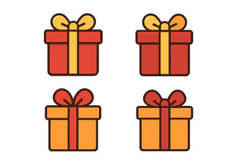 Gift box icon set. Simple flat vector presents collection. Celebration, birthday, holiday surprise package. Red and orange gift boxes with ribbon for graphic design element.