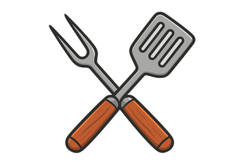Crossed barbecue fork and spatula with wooden handles, flat style vector illustration, cooking utensils icon with transparent background, grill tools for BBQ and kitchen use
